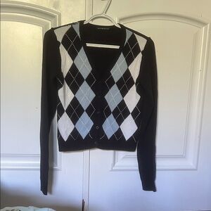 Brandy Melville Navy, Blue and White Argyle, Cardigan, V-Neck Sweater